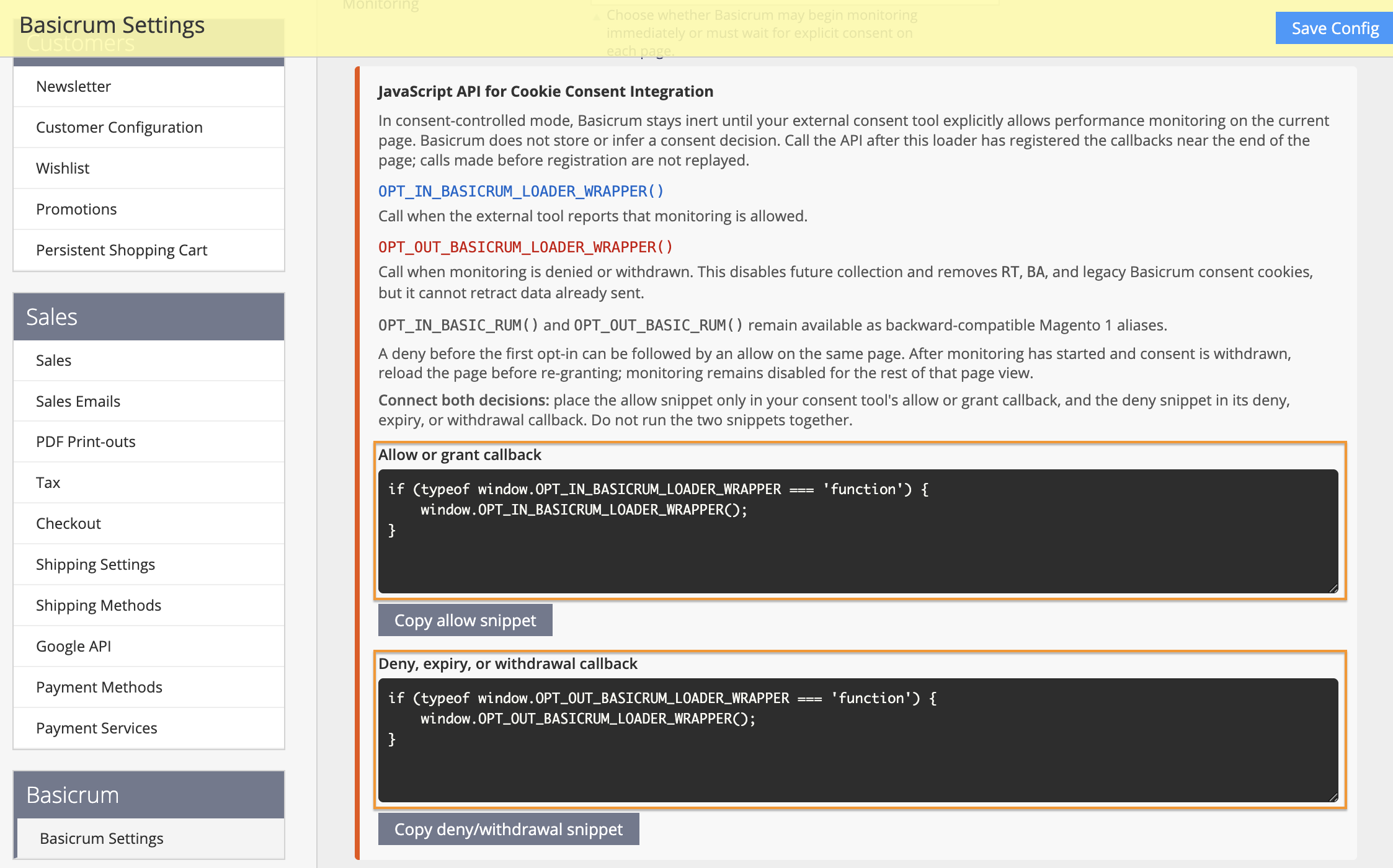 Magento admin Basicrum settings showing consent integration guidance and guarded opt-in and opt-out callbacks.