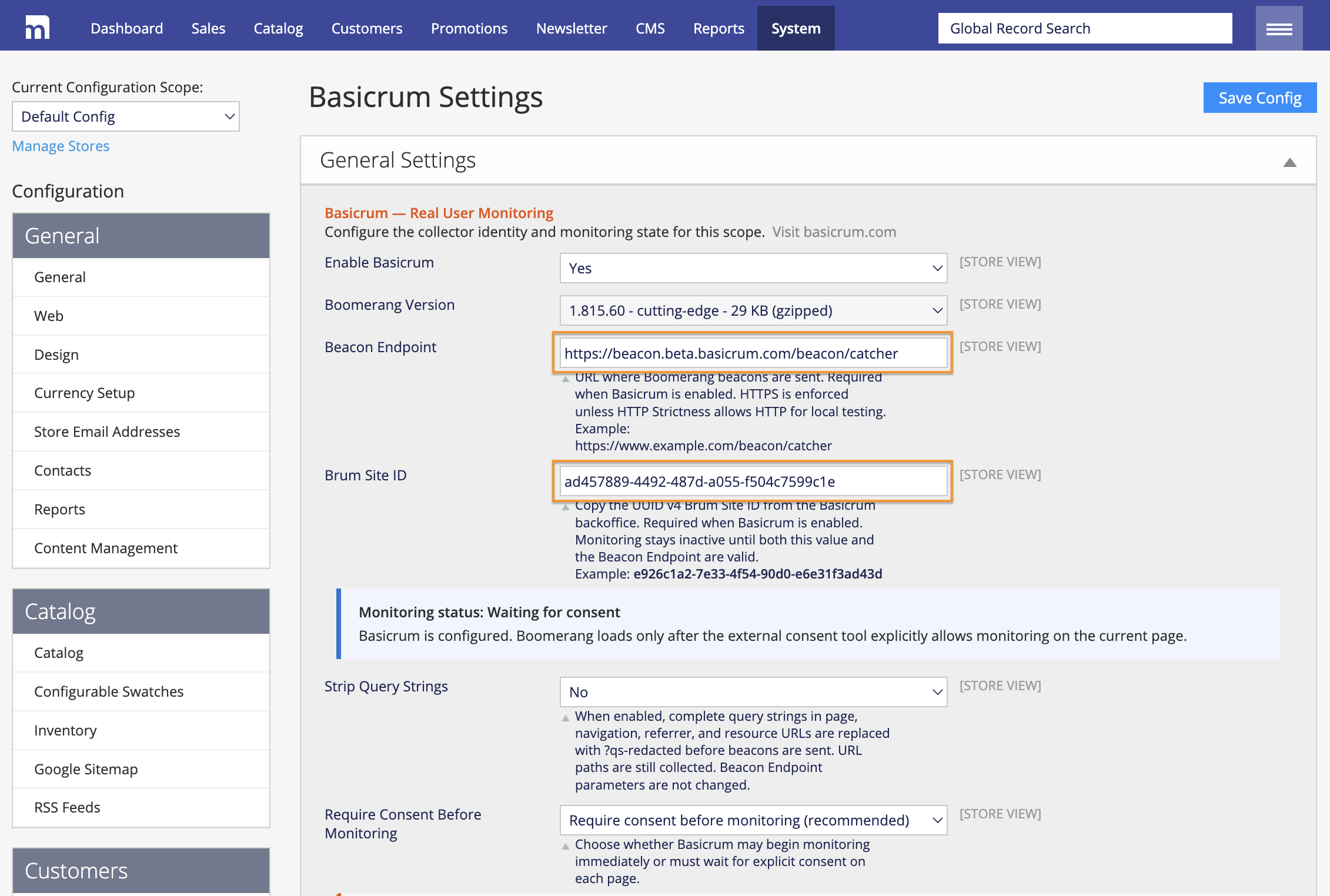 Magento admin Basicrum settings with monitoring enabled, collector details filled in, and the status waiting for consent.