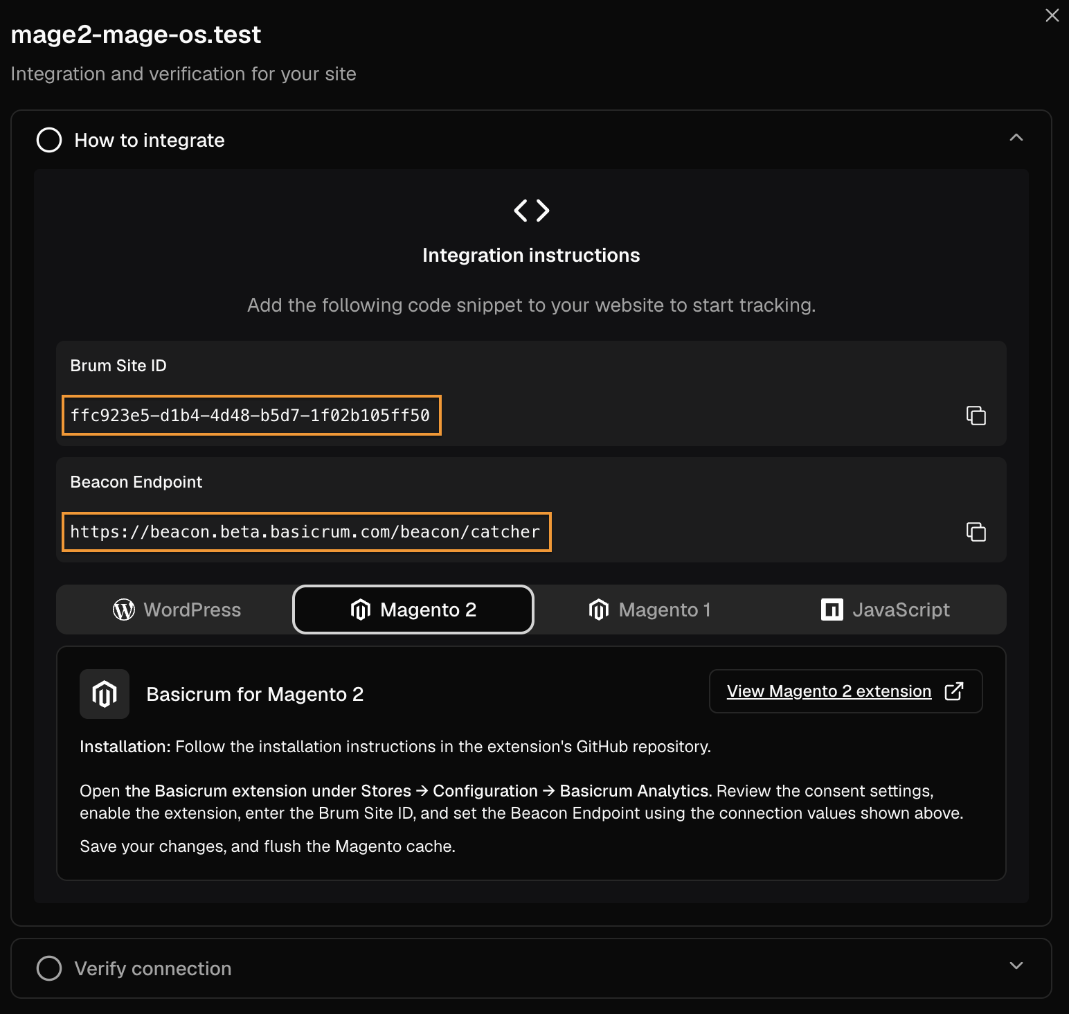 Basicrum portal showing the Brum Site ID and Beacon Endpoint for a Magento 2 Mage-OS test site.