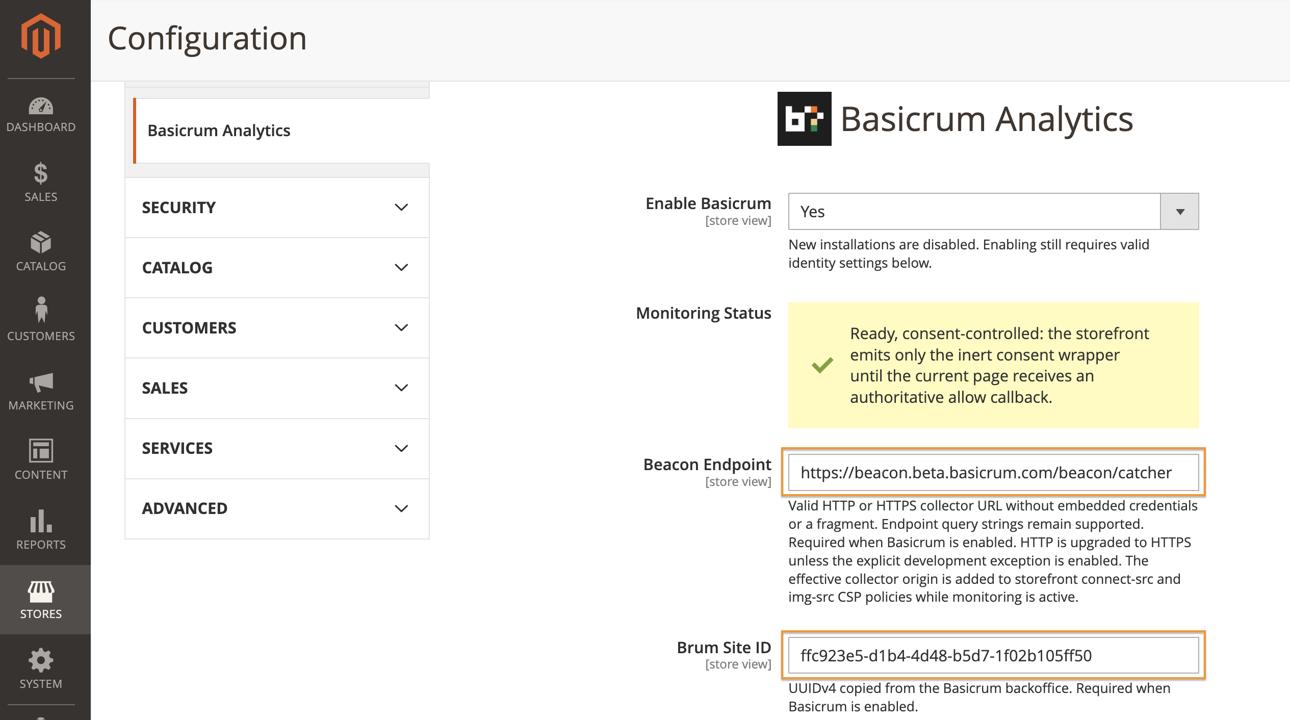 Magento Admin showing enabled Basicrum Analytics settings with a ready, consent-controlled monitoring status.