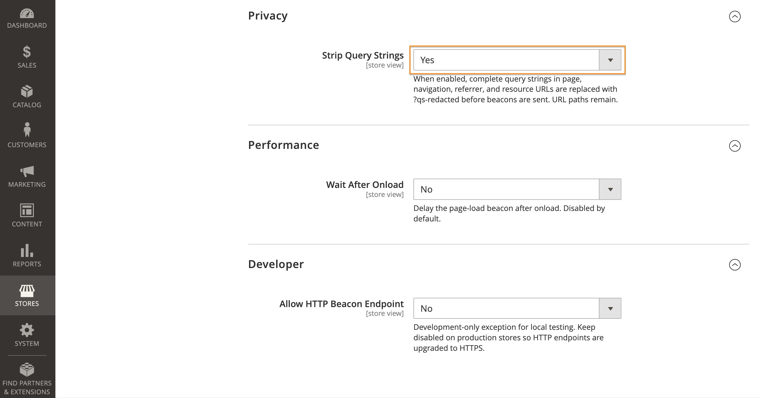 Magento Admin showing the enabled Strip Query Strings privacy setting for Basicrum.