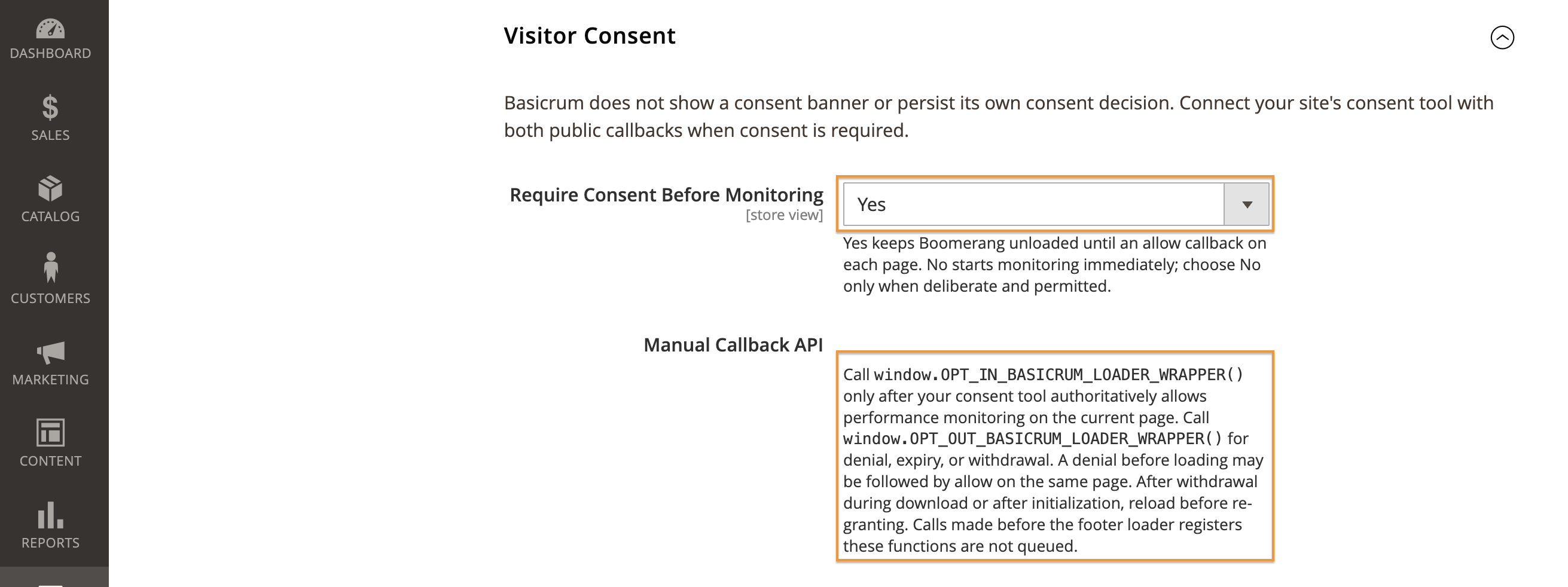 Magento Admin showing Basicrum visitor consent settings and the manual callback API.