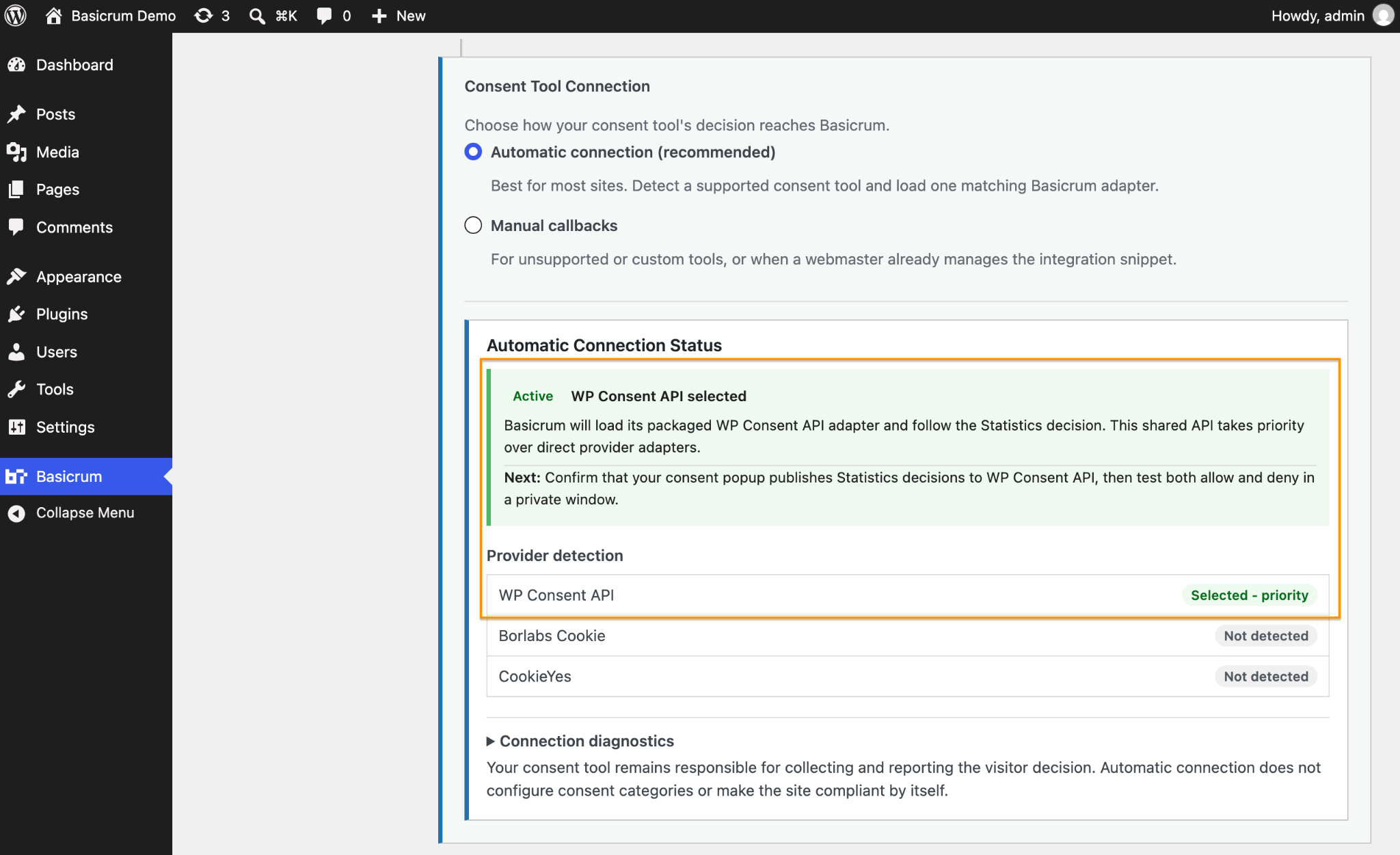 WordPress admin screen showing WP Consent API automatically selected