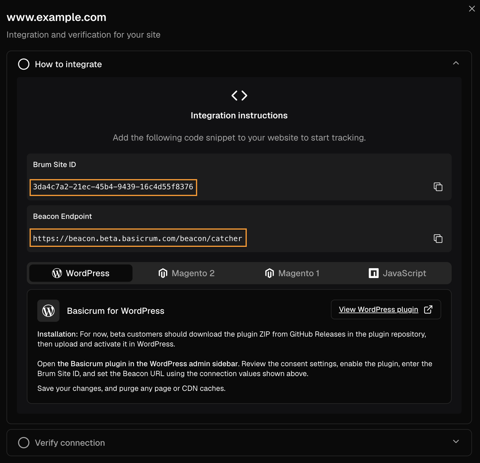 Basicrum portal showing WordPress integration details