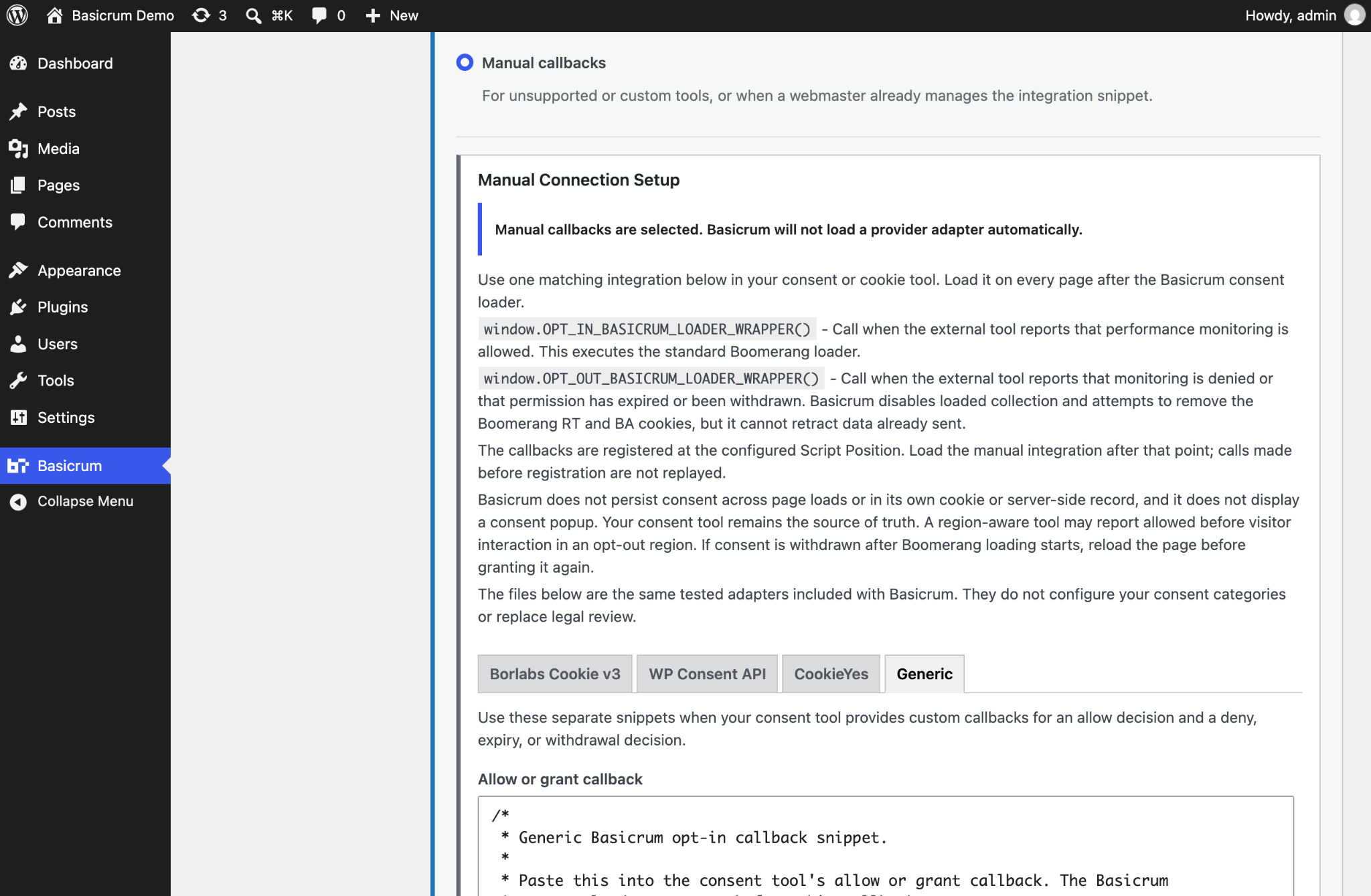 Manual callback instructions in Basicrum WordPress settings