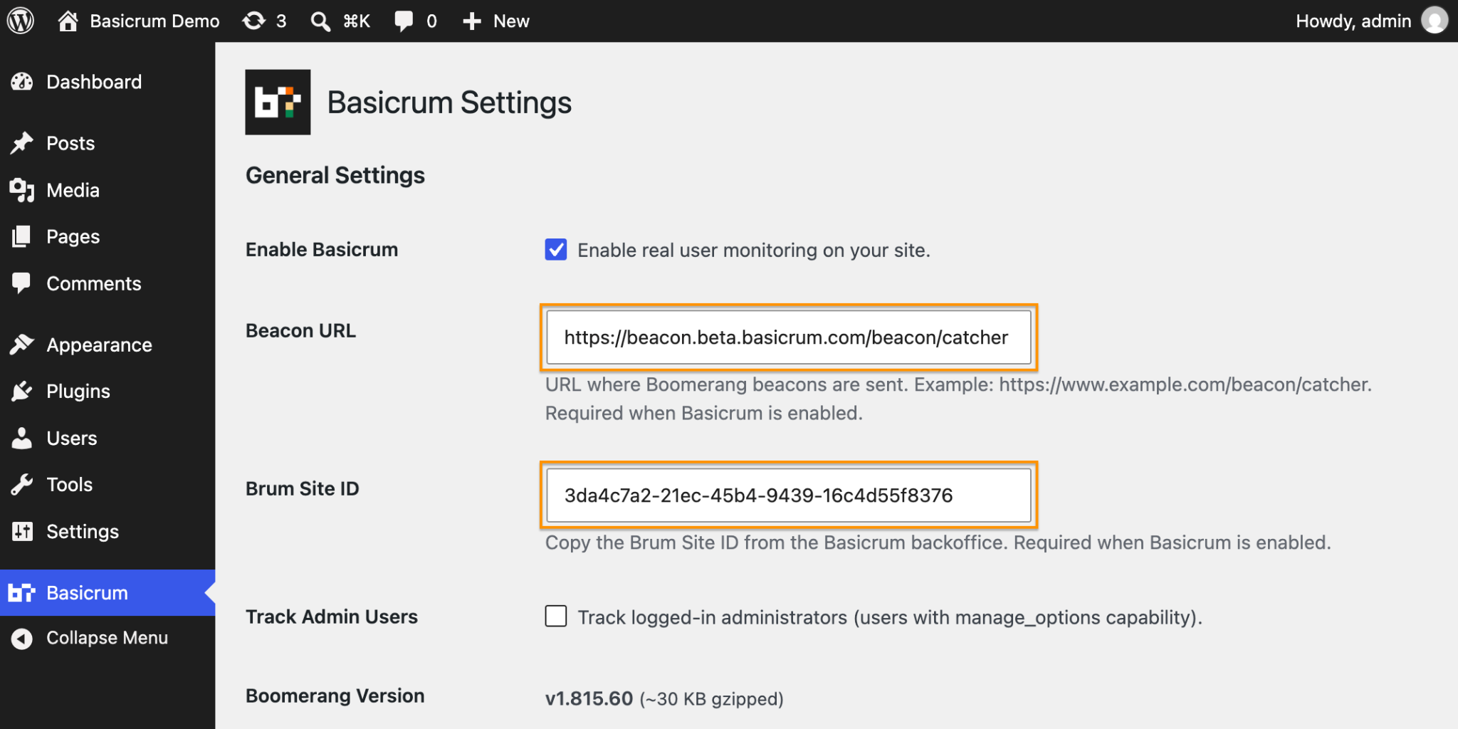 Basicrum settings in the WordPress admin sidebar